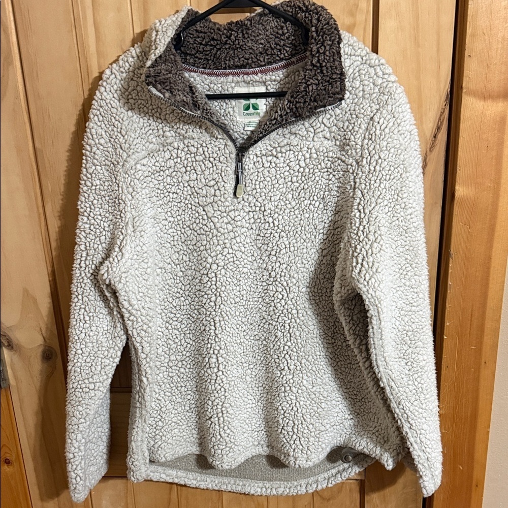 GreenTea Women's Sherpa Quarter-Zip Pullover - Cream with Brown Collar